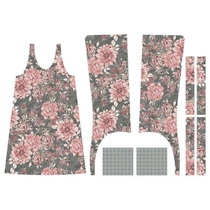 May include: A sewing pattern for a dress with a floral print. The pattern includes pieces for the bodice, skirt, and straps. The fabric is a gray and pink floral print.