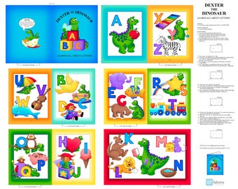 Fabric Books Dexter The Dinosaur Learn All About Letters Panel 26932 Multi X - - QT Fabrics - Baby Book Alphabet - Quilting Cotton Fabric