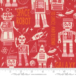 May include: Red fabric with a repeating pattern of white robots, rockets, and space-themed graphics. The words "Authentic SPACE ROBOT" and "TO SPACE AND BEYOND" are printed on the fabric. The fabric has a ruler along the bottom.