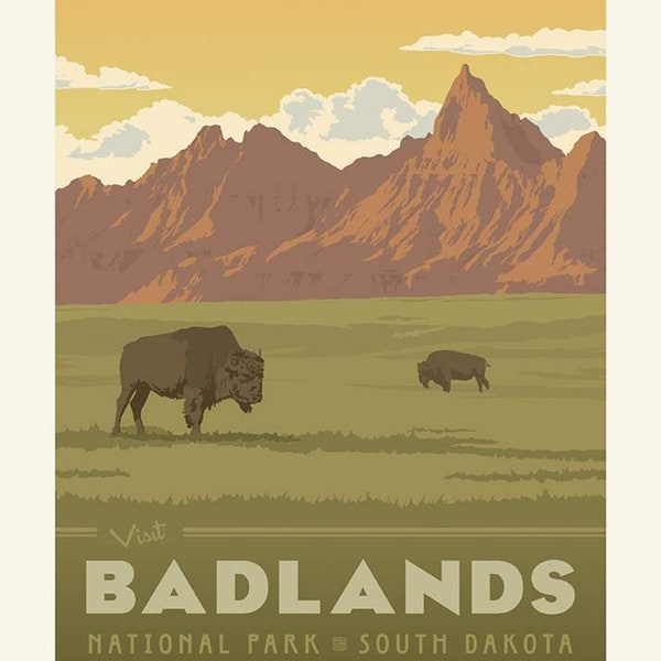 SALE National Parks Poster Panel Badlands by Riley Blake Designs - Outdoors Recreation South Dakota Buffalo Bison - Quilting Cotton Fabric