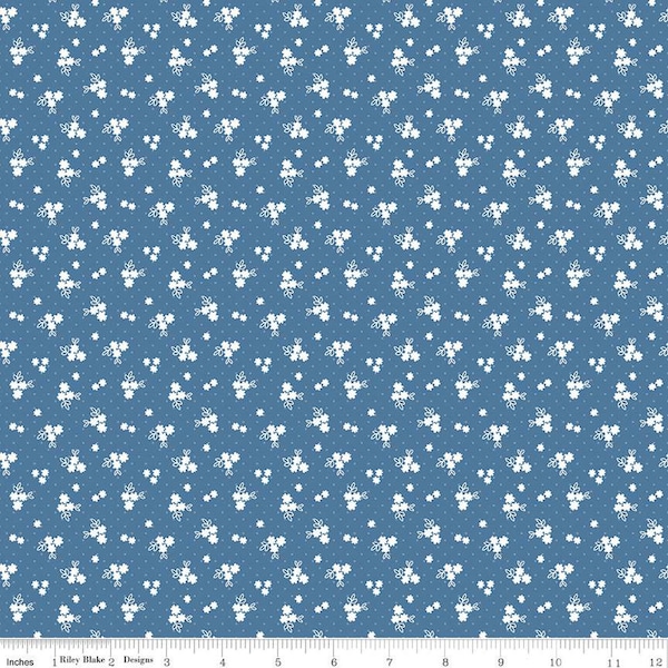 Simply Country Floral C13416 Denim - Riley Blake Designs - Dots White Flowers - Quilting Cotton Fabric