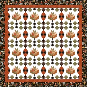 May include: A quilt with a white background and a pattern of orange, brown, and green leaves. The leaves are arranged in a diamond pattern. The quilt is surrounded by a black and white border with a pattern of people.