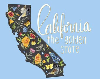 SALE Golden Poppies California Panel PD11805 Blue - Riley Blake Designs - DIGITALLY PRINTED Flowers Floral - Quilting Cotton Fabric