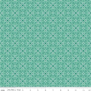 May include: A teal fabric with a repeating pattern of white and dark teal floral and geometric shapes. The design is arranged in a grid-like fashion, creating a symmetrical and visually appealing textile.