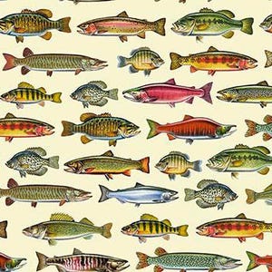 May include: A repeating pattern on a light cream background featuring various species of freshwater fish, including trout, salmon, bass, and pike, illustrated in detailed colors such as red, green, yellow, and silver, arranged in horizontal rows.
