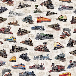 May include: A repeating pattern of vintage train illustrations in various colors, including red, green, blue, and yellow. The trains are set against a textured, off-white background with city names like London and Paris.