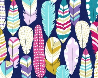 SALE Arrow Flight Plucked Midnight by Michael Miller - Navy Blue Feathers Metallic Gold  - Quilting Cotton Fabric