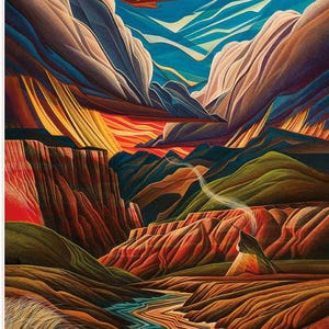 May include: An abstract landscape painting featuring a canyon scene with a river winding through it. The artwork uses a vibrant palette of reds, oranges, blues, and greens to depict the sky, mountains, and water. The style is reminiscent of a stylized, colorful illustration.