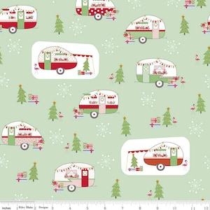 May include: A light green fabric featuring a repeating pattern of retro-style Christmas campers. Each camper is decorated with festive wreaths, garlands, and gifts. Christmas trees, snowflakes, and pink flamingos are also scattered across the design.