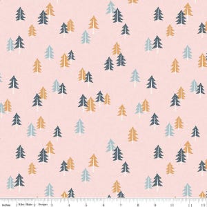 May include: A pink fabric with a repeating pattern of blue, brown, and yellow stylized pine trees. The fabric is marked with a ruler in inches.