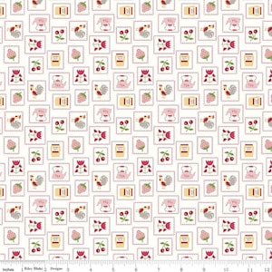 May include: White fabric with a repeating pattern of pink squares with a rooster, teapot, strawberry, and jar of jam. The squares are outlined in gray and pink. The background is white.