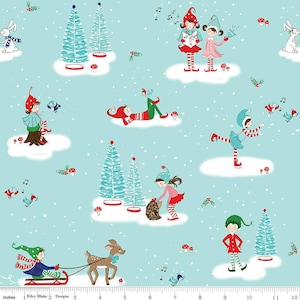 May include: A blue and white fabric with a repeating pattern of elves, deer, birds, and trees. The elves are wearing red and white clothing and are engaged in various activities, such as singing, ice skating, and sledding. The fabric is perfect for crafting projects, such as quilts, pillows, and bags.
