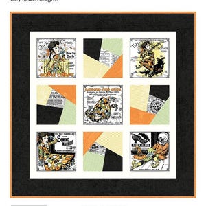 May include: A quilt pattern titled "Scraps Crazy" by J. Wecker Frisch. The design features nine square panels with vintage-style illustrations and geometric patterns in black, orange, and green. Finished size is 51.5 inches by 51.5 inches.