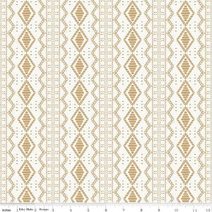 May include: Cream-colored fabric with a repeating pattern of vertical stripes. Each stripe features a series of diamond shapes and dotted lines in a golden-brown hue. The design is symmetrical and detailed, creating a textured appearance.