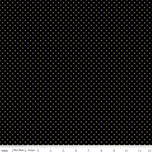 Gold SPARKLE Flat Swiss Dot on Black by Riley Blake Designs - Polka Dots Metallic - Quilting Cotton Fabric