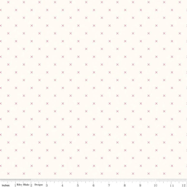 Bee Cross Stitch on Cloud C747 Tea Rose by Riley Blake Designs -  Pink Xs on Off-White Geometric - Lori Holt - Quilting Cotton Fabric