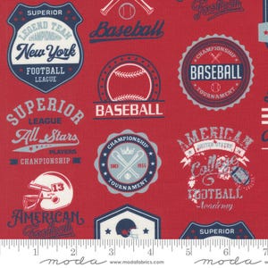May include: Red fabric with a repeating pattern of blue and white sports-themed logos. The logos feature baseballs, footballs, and text such as "Superior League", "All Stars", "Championship", "Baseball", "American Football", and "New York Football League".
