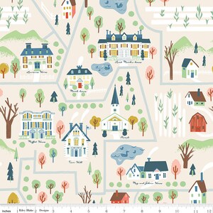 14" End of Bolt - Little Women Map C11872 Cream - Riley Blake - Louisa May Alcott Houses Buildings Roads Trees  - Quilting Cotton Fabric