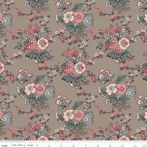 May include: A beige fabric with a repeating pattern of pink, white, and blue flowers. The flowers are arranged in clusters and have a vintage feel.
