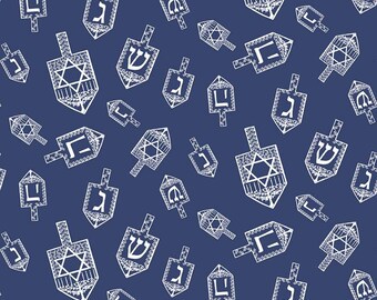 CLEARANCE Festival of Lights Dreidel Toss C9650 Blue - Riley Blake - Hanukkah Blue White - Quilting Cotton Fabric