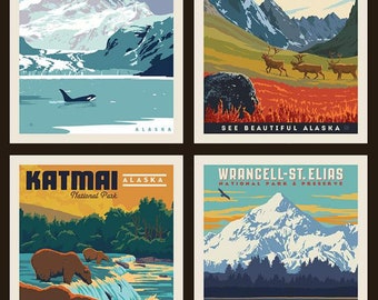 May include: Four vintage travel posters showcasing national parks in Alaska. The posters depict scenic landscapes, wildlife, and text that reads "Glacier Bay National Park", "Gates of the Arctic National Park", "Katmai National Park", and "Wrangell-St. Elias National Park & Preserve".