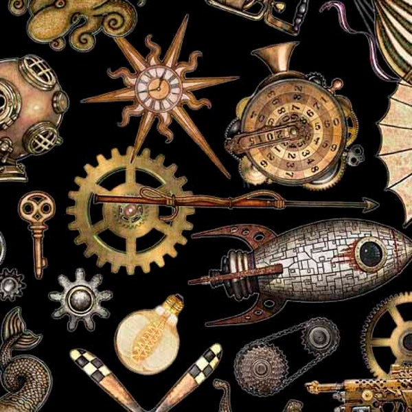 SALE Steampunk Adventures 29563 Steampunk Toss J - by QT Fabrics - Victorian Motifs Clockwork Gears Keys - Quilting Cotton Fabric