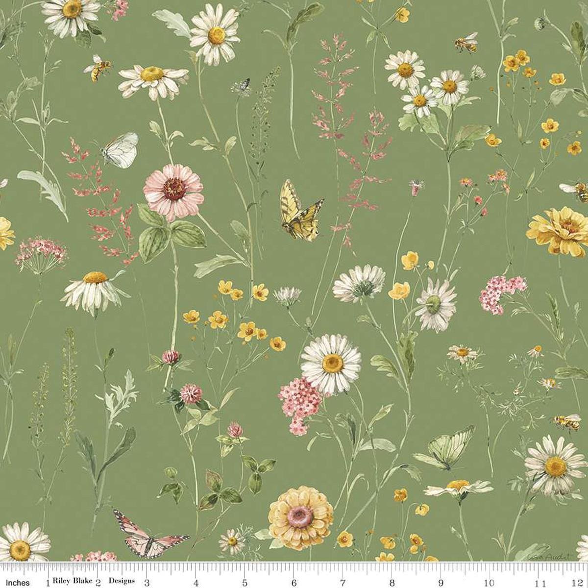 Love Me More Main CD15630 Green - Riley Blake Designs - DIGITALLY PRINTED - Sprigs Flowers Floral Butterflies - Quilting Cotton Fabric