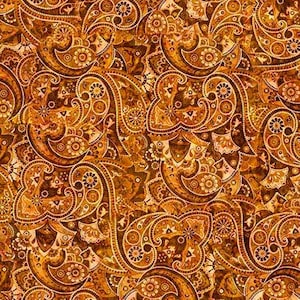 May include: A detailed, repeating pattern in shades of brown and gold. The design features paisley-like shapes with intricate floral and swirl details. The overall effect is a rich, textured look, suitable for fabric or wallpaper.
