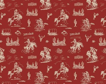 John Wayne Courage Cowboys C14302 Barn Red - Riley Blake Designs - Western Horses Saddles Wagons - Quilting Cotton Fabric - Licensed Product