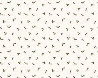 May include: Cream-colored fabric with a repeating pattern of green holly leaves and red berries. The holly sprigs are scattered across the surface, connected by thin, swirling lines. The fabric is measured in inches.
