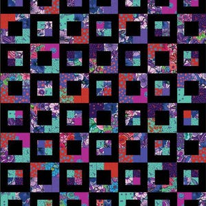 May include: A colorful quilt with a repeating pattern of squares within squares. The squares are outlined in black and filled with floral patterns in shades of purple, red, teal, and pink. The quilt has a modern, geometric design.