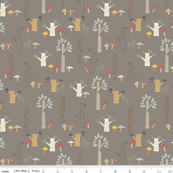 FLANNEL Trees F12009 Pebble - Riley Blake Designs - Plants Mushrooms Brown - FLANNEL Cotton Fabric