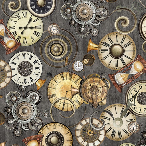 SALE Steampunk Adventures 29564 Clock Toss K - by QT Fabrics - Victorian Motifs Clocks - Quilting Cotton Fabric