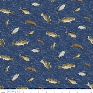 May include: A blue fabric with a repeating pattern of various fish swimming in a wavy blue water design. The fish are brown, green, and gray.