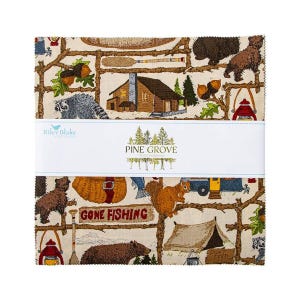 May include: A fabric panel with a beige background featuring a variety of woodland creatures, including bears, raccoons, squirrels, and birds. The panel also includes a cabin, a tent, a canoe, and other camping-themed imagery. The text "Pine Grove" and "Gone Fishing" are featured on the panel.