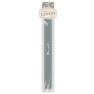 May include: A gray zipper in a clear plastic package. The package has a floral design at the top with the words "Happy Zippers" and a bee graphic. The zipper is 10 inches long.
