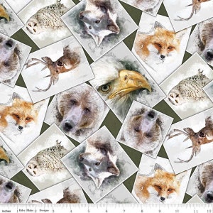 May include: A green background with a repeating pattern of white squares. Each square contains a watercolor illustration of a different animal, including a wolf, a fox, a bear, a deer, an owl, and an eagle. The animals are all facing forward and have a realistic appearance.