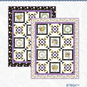 May include: Two quilt patterns with a bee theme. The quilts feature squares with bee-related imagery, including beehives and flowers, set against a white background. The patterns are framed with black and purple borders. The text "Patches Across" is at the top.