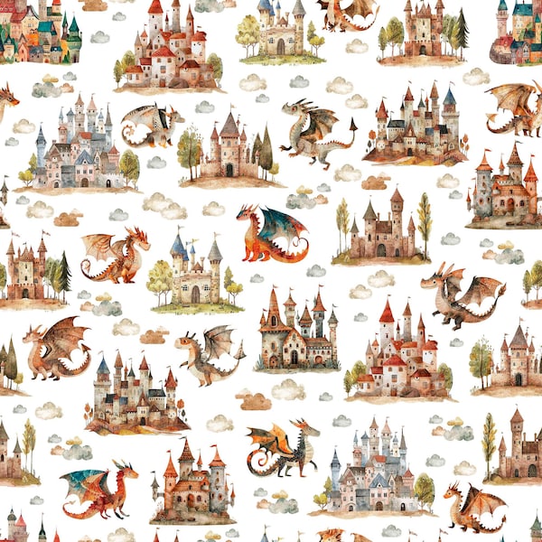 Dragon Dreams Dragons & Castles White Fantasy Fabric 30958 - QT Quilting Cotton Fabric