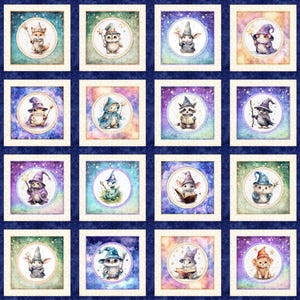 May include: A fabric panel featuring sixteen square images of whimsical animals dressed as wizards. Each animal is set against a colorful, starry background within a square frame. The panel has a dark blue border with a celestial pattern.