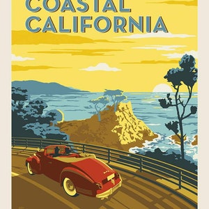 SALE Destinations Coastal California Poster Panel P10978 by Riley Blake Designs - Vintage Car Pacific Ocean - Quilting Cotton Fabric