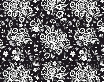 SALE Black Tie Main C13750 Black by Riley Blake Designs - Floral Off White Flowers - Quilting Cotton Fabric