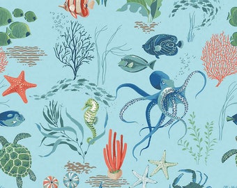 21" End of Bolt - Free as the Ocean Main C14800 Aqua by Riley Blake Designs - Sea Life Ocean Plants - Quilting Cotton Fabric
