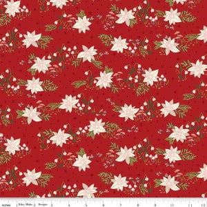 Yuletide Forest Floral C13541 Red - Riley Blake Designs - Christmas Flowers Poinsettias Mushrooms - Quilting Cotton Fabric