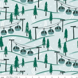 May include: A repeating pattern of green pine trees and blue cable cars on a light blue background with white snowflakes. The cable cars are on a white cable with black poles.