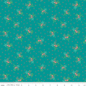 May include: Teal fabric with a repeating pattern of stylized floral bouquets and small red dots. The bouquets feature pink bell-shaped flowers, green leaves, and yellow accents. The fabric is marked with the text "Riley Blake Designs".