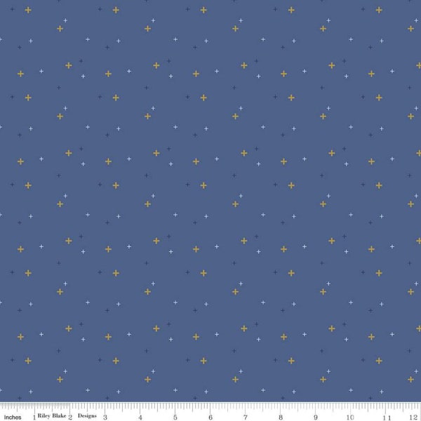 SALE Sparkler SC650 Dark Denim SPARKLE - Riley Blake Designs - Plus Signs Gold SPARKLE Metallic Blue - Quilting Cotton Fabric