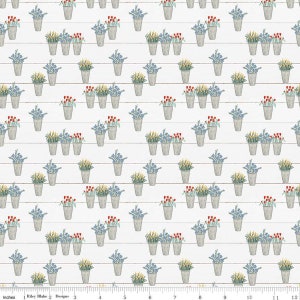 May include: A repeating pattern of watercolor-style flower bouquets in metal buckets on a white wood-grain background. The bouquets feature red, yellow, and blue flowers. The pattern repeats across the fabric.