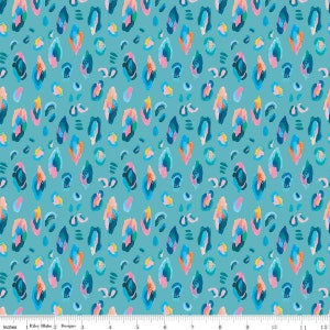 May include: A teal fabric with a repeating pattern of abstract shapes in shades of blue, pink, orange, and green. The design includes elongated brushstrokes and smaller, circular elements. The fabric is 12 inches wide.