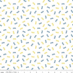 May include: White fabric with a repeating pattern of the letters "FFA" in blue and yellow. The letters are scattered randomly across the fabric.
